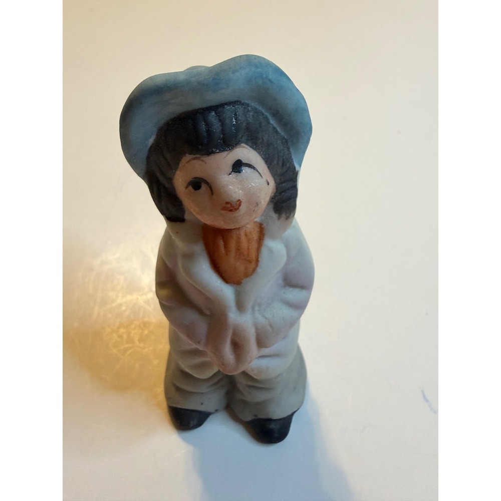 Vintage Ceramic Figurine Boy‎ Blue Hat Coat Orange Scarf Made in Taiwan